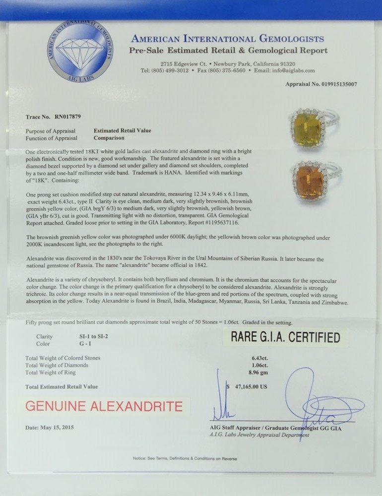 Rare GIA Certified 6.43 Carat Cushion Cut Alexandrite, 1.06 Carat Round Cut Diamond and 18 Karat White Gold Ring. 