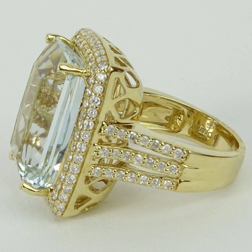 GIA Certified 15.37 Carat Aquamarine, 1.22 Carat Round Cut Diamond and 14 Karat Yellow Gold Ring. 