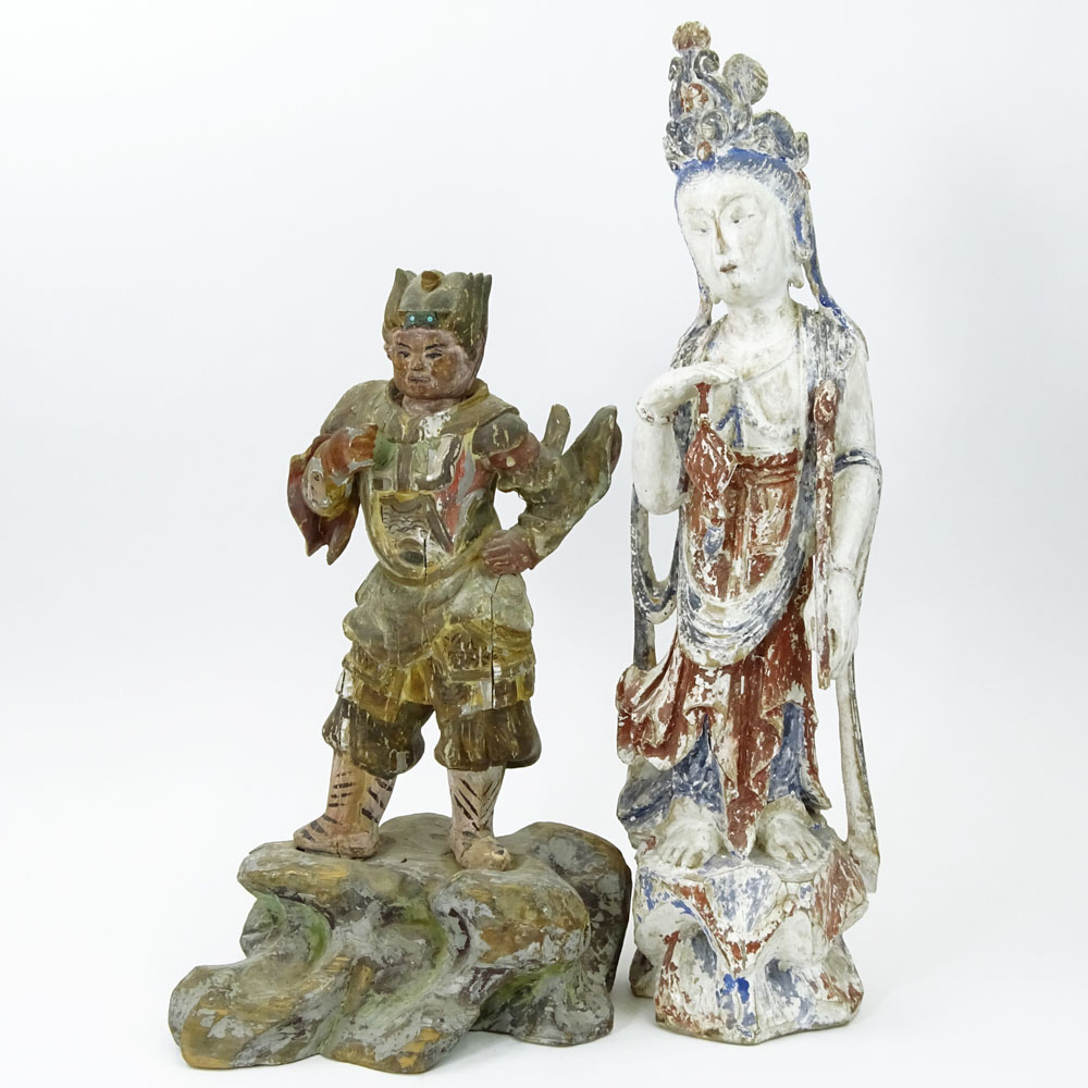 Lot of 2 Chinese Polychromed Carved Wood Figures.