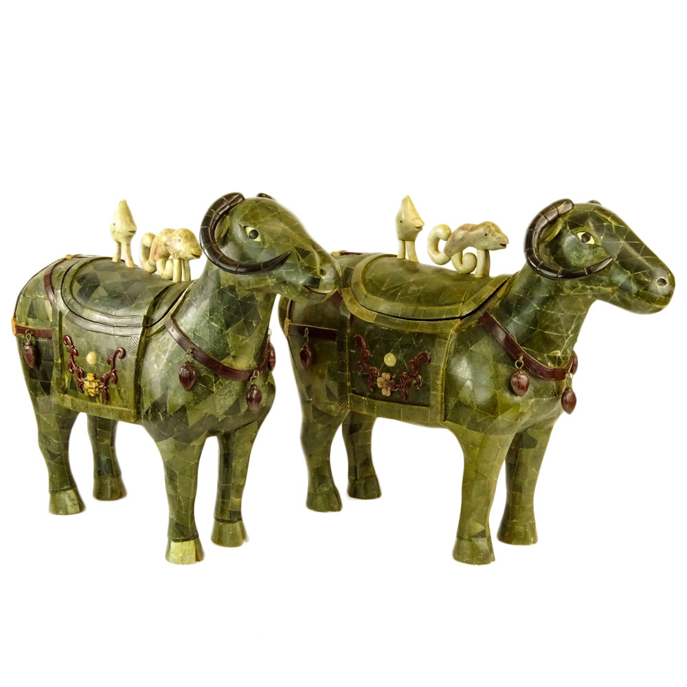 Pair of Vintage Large Decorative Jade Veneer Water Buffalo Container Figures.