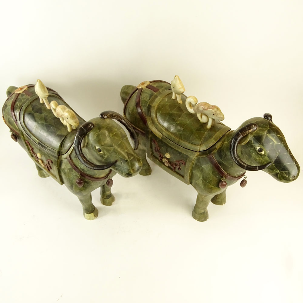 Pair of Vintage Large Decorative Jade Veneer Water Buffalo Container Figures.