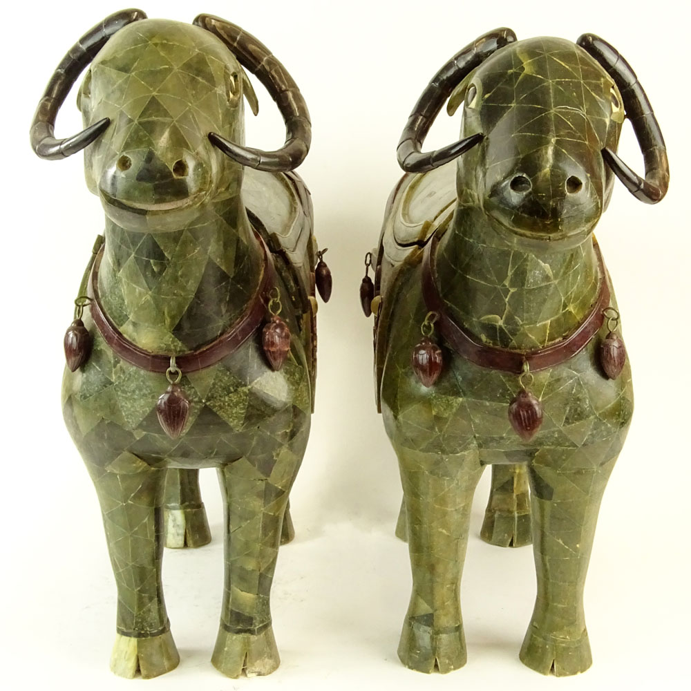 Pair of Vintage Large Decorative Jade Veneer Water Buffalo Container Figures.