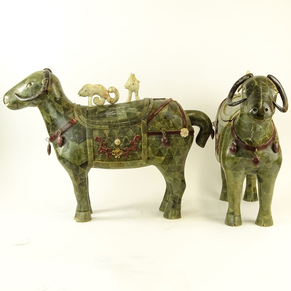 Pair of Vintage Large Decorative Jade Veneer Water Buffalo Container Figures.