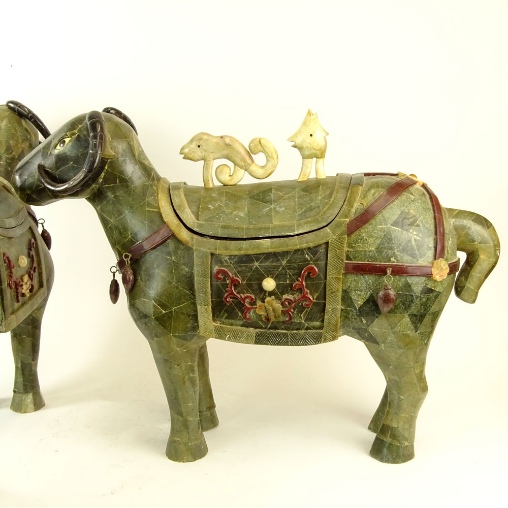 Pair of Vintage Large Decorative Jade Veneer Water Buffalo Container Figures.