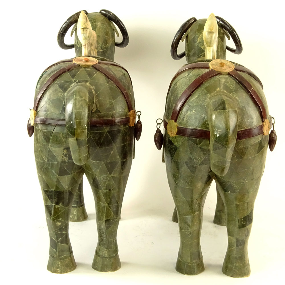 Pair of Vintage Large Decorative Jade Veneer Water Buffalo Container Figures.