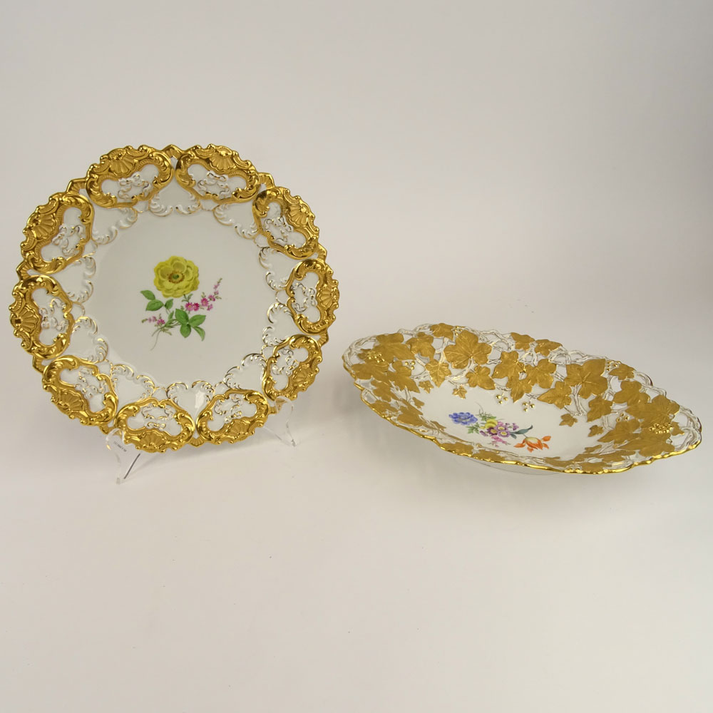 Lot of two (2) Meissen Porcelain hand painted and gilt porcelain serving dishes.