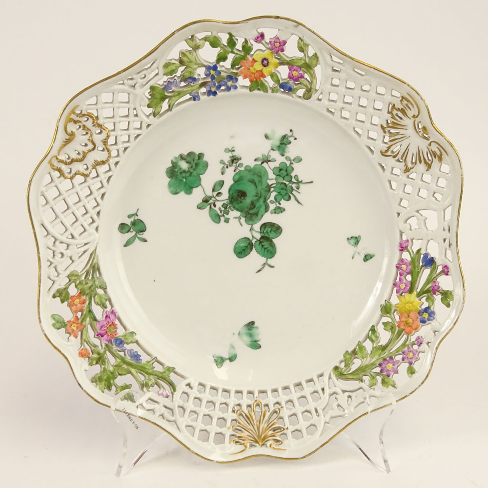 Antique Meissen Hand Painted Reticulated Shallow Plate. Signed. Wear, rubbing, surface losses. 