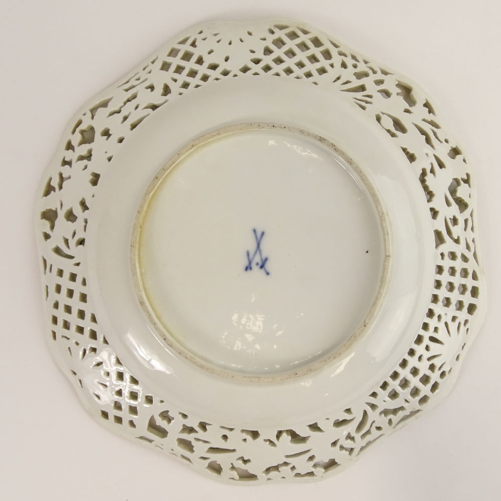 Antique Meissen Hand Painted Reticulated Shallow Plate. Signed. Wear, rubbing, surface losses. 