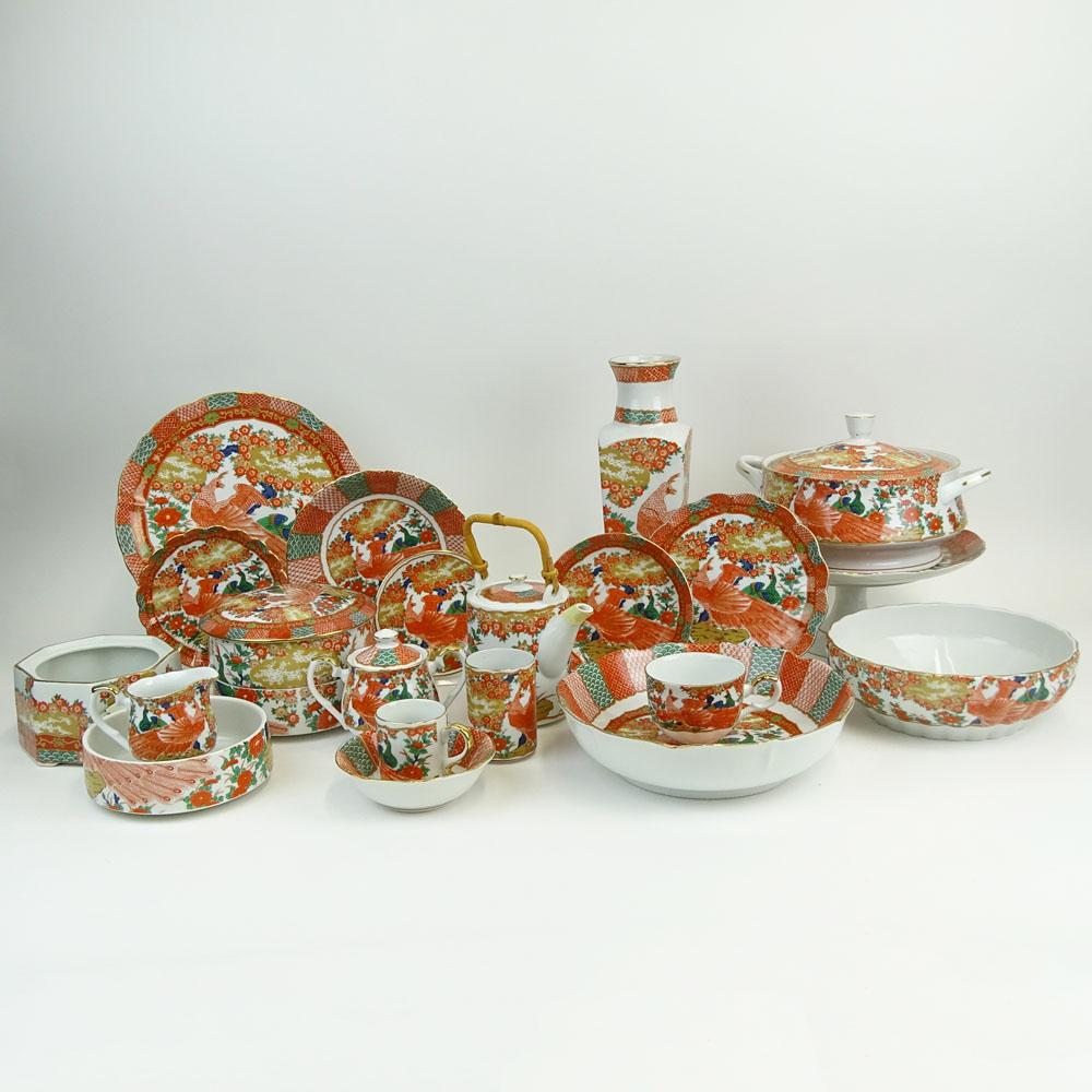 89 Piece Arita Imari Peacock Porcelain Partial Dinner Service.