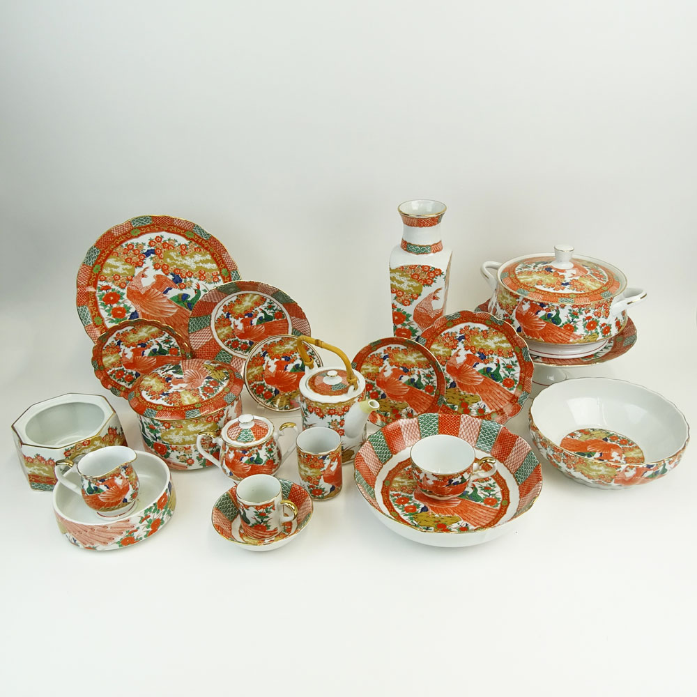 89 Piece Arita Imari Peacock Porcelain Partial Dinner Service.