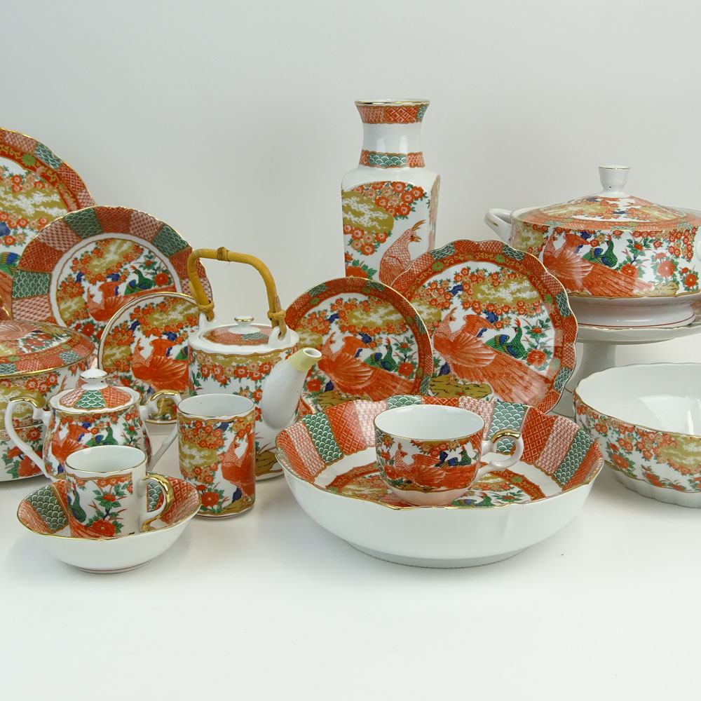 89 Piece Arita Imari Peacock Porcelain Partial Dinner Service.