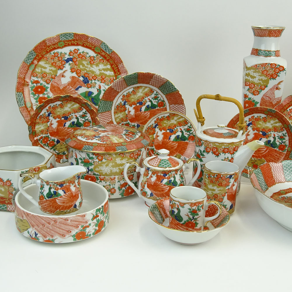 89 Piece Arita Imari Peacock Porcelain Partial Dinner Service.