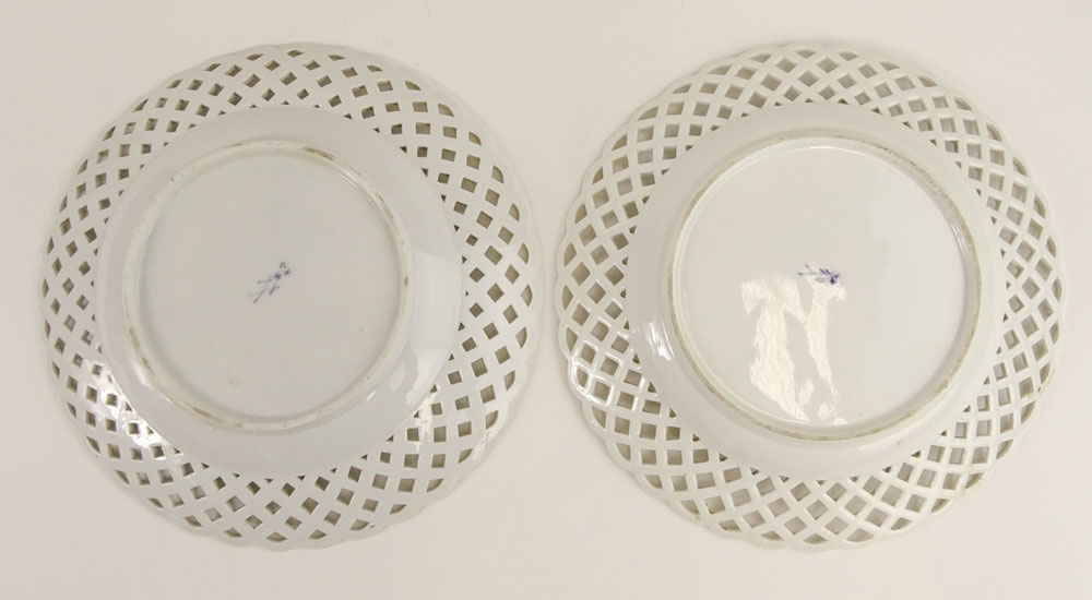Lot of Two (2) Antique Meissen Reticulated Hand Painted Blue & White Porcelain Cabinet Plates.