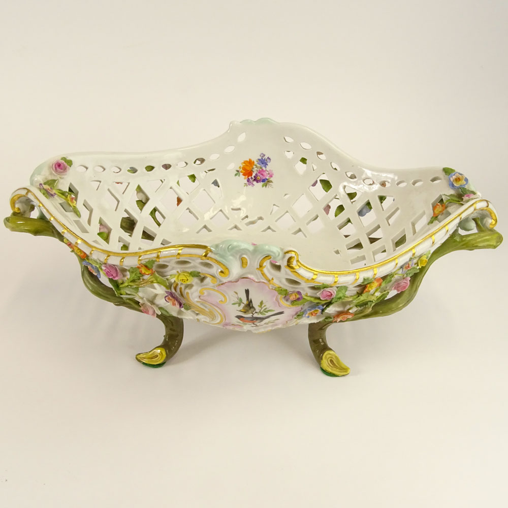 Antique Meissen Reticulated Hand Painted Porcelain Footed Centerpiece Bowl.