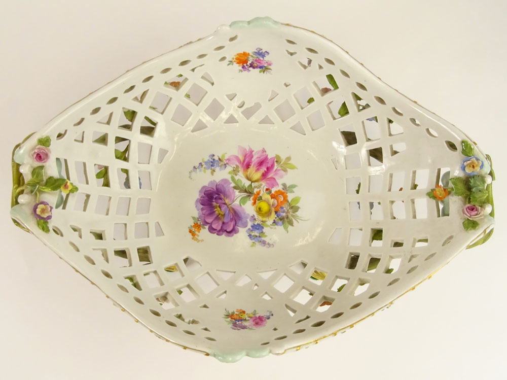 Antique Meissen Reticulated Hand Painted Porcelain Footed Centerpiece Bowl.