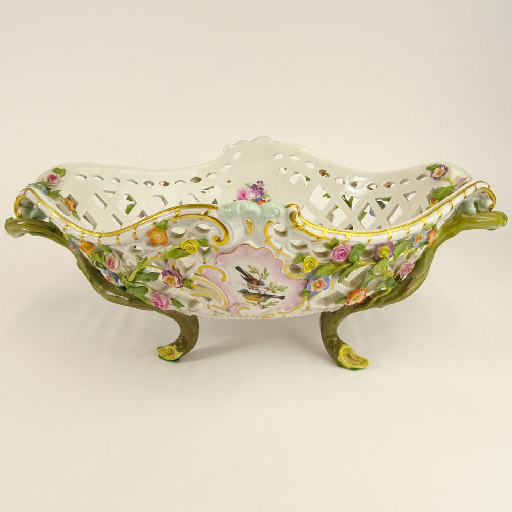 Antique Meissen Reticulated Hand Painted Porcelain Footed Centerpiece Bowl.