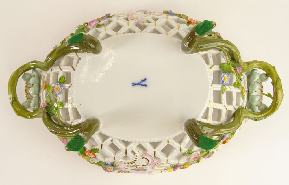 Antique Meissen Reticulated Hand Painted Porcelain Footed Centerpiece Bowl.