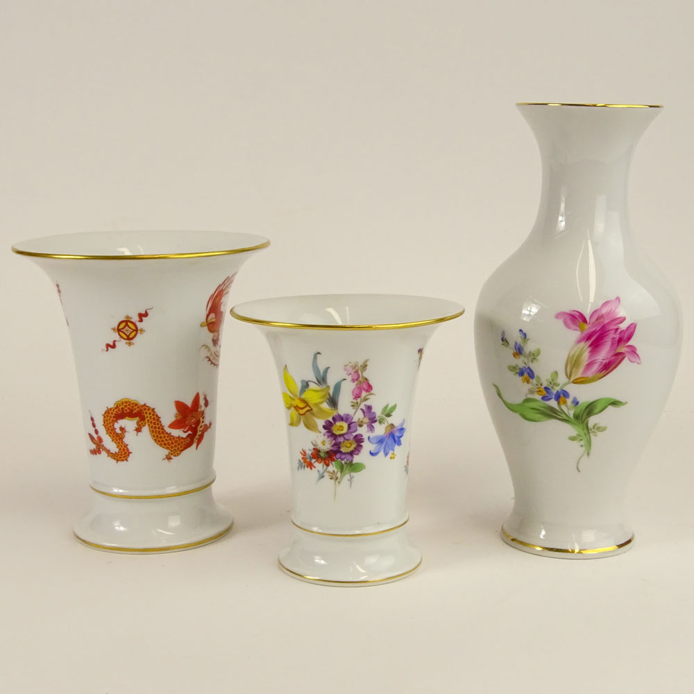 Collection of Three (3) Antique Meissen Hand Painted Porcelain Vases.