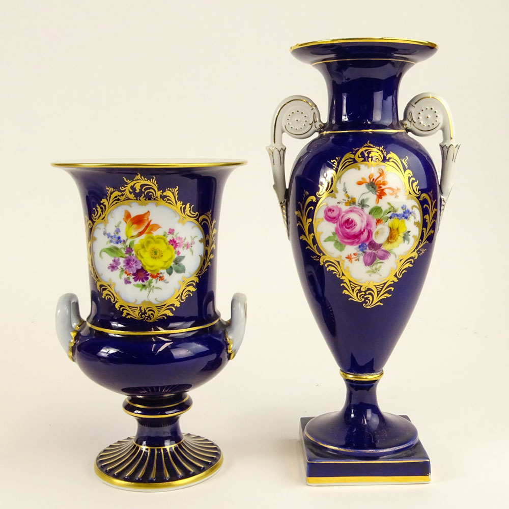 Collection of Two (2) Antique Meissen Hand Painted Porcelain Bolted Urns.