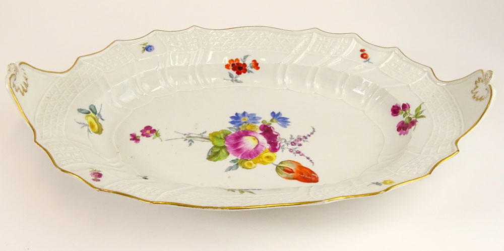 Large Antique Meissen Hand Painted Porcelain Oval Serving Dish.