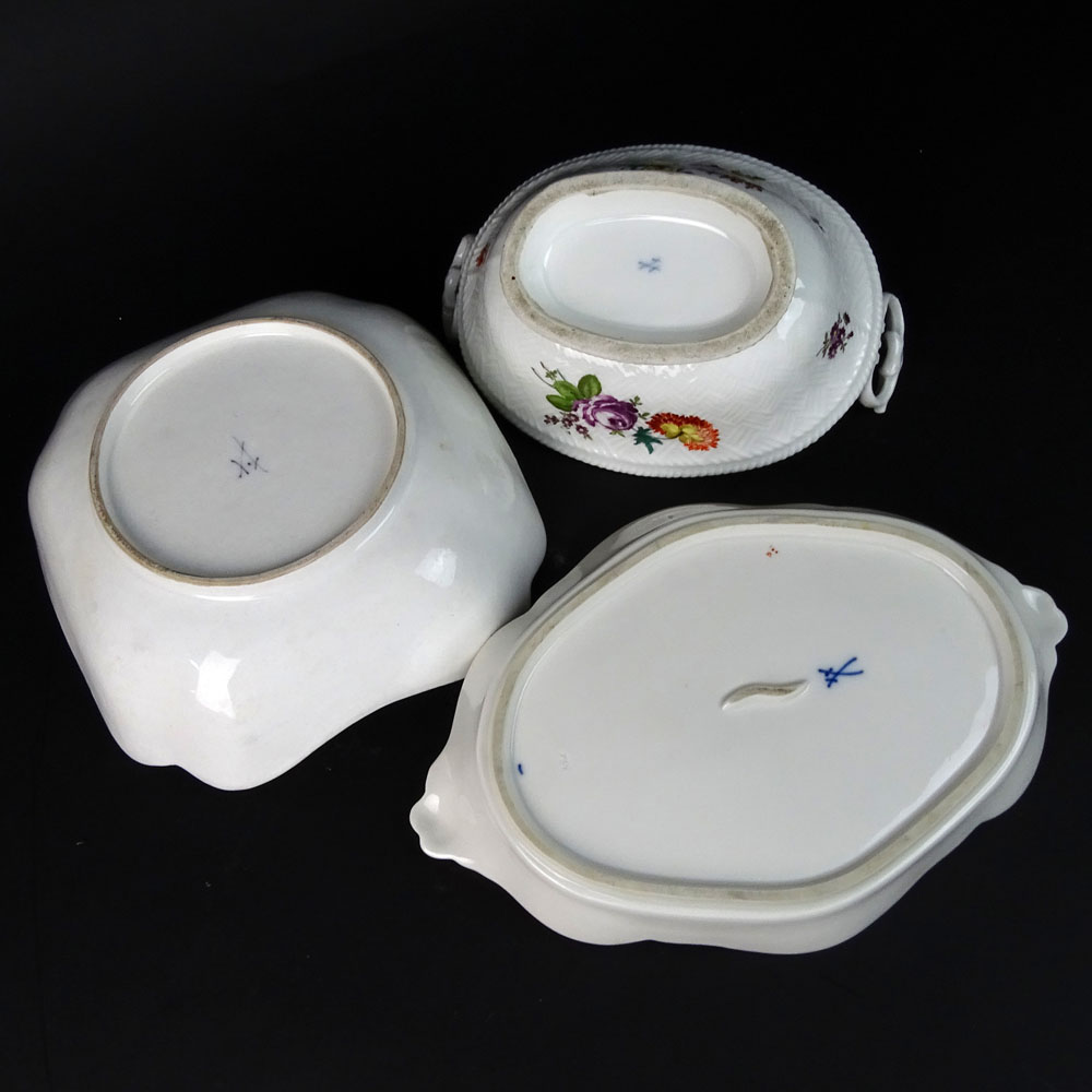 Lot of Three (3) Antique Meissen Hand Painted Porcelain Serving Dishes.