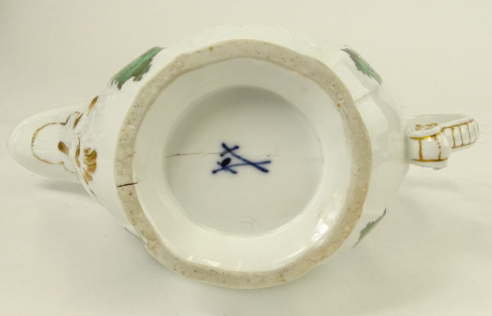 Antique Meissen Hand Painted Porcelain Sauce Boat. Bears crossed sword mark.