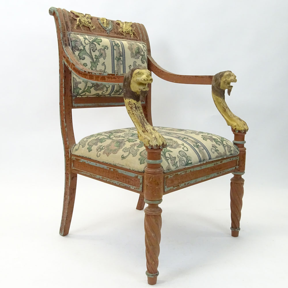 Regency Style Figural Upholstered Arm Chair. Distressed motif.