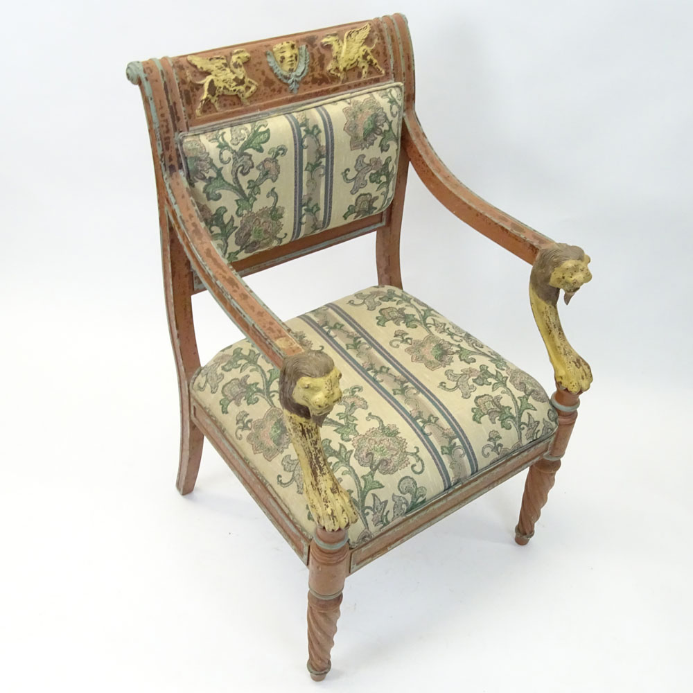 Regency Style Figural Upholstered Arm Chair. Distressed motif.