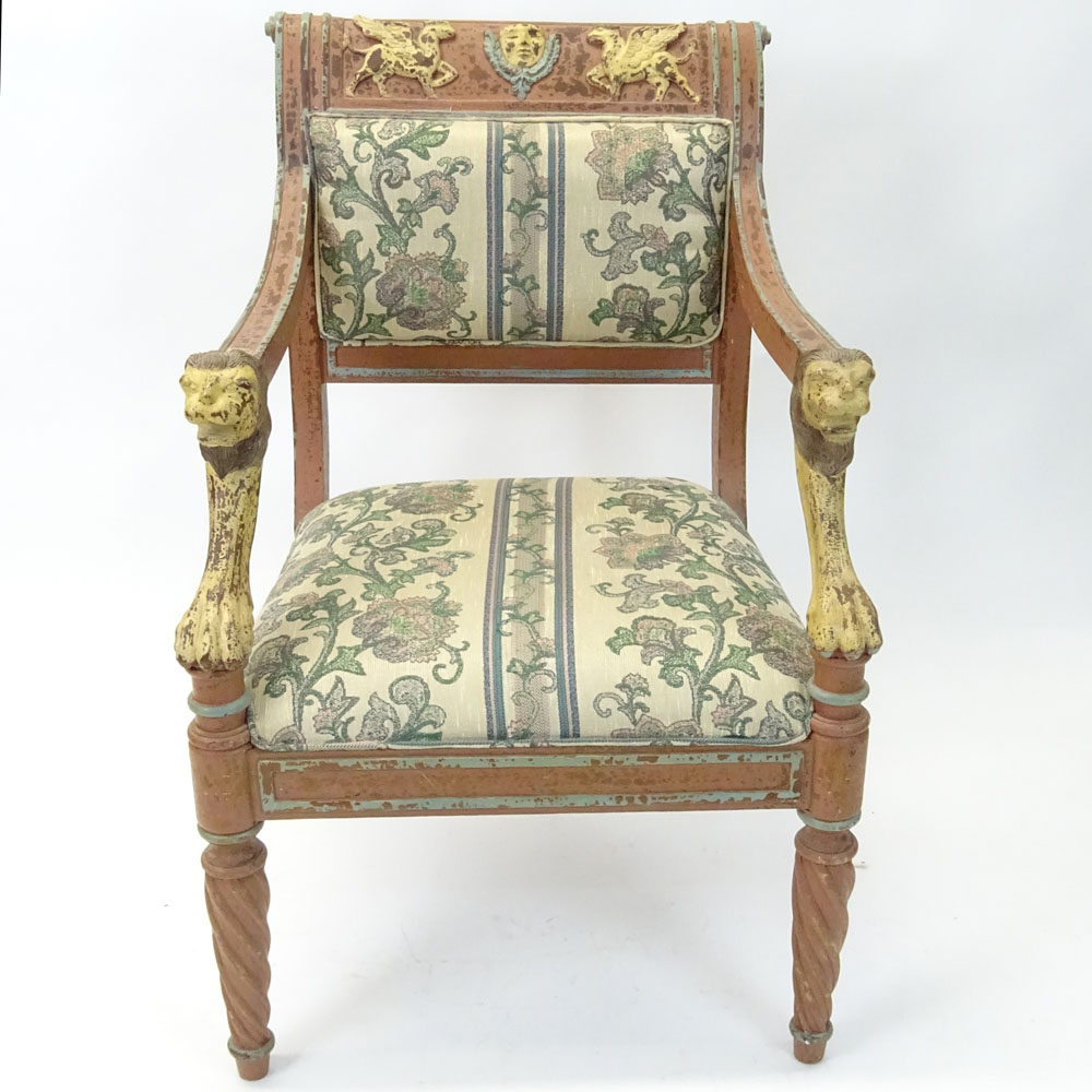 Regency Style Figural Upholstered Arm Chair. Distressed motif.