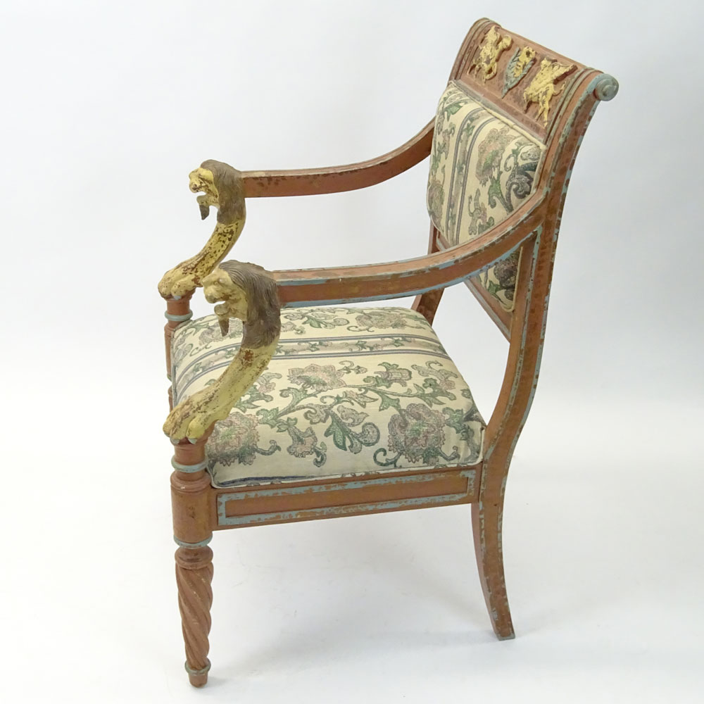 Regency Style Figural Upholstered Arm Chair. Distressed motif.