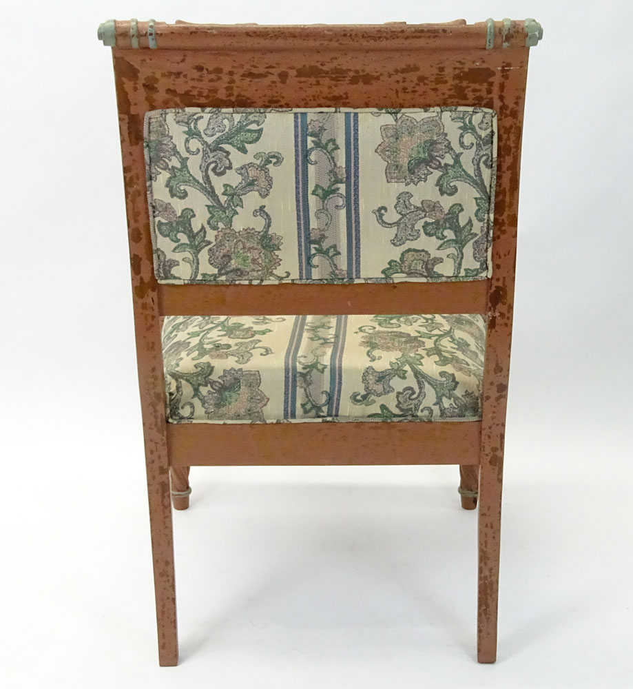 Regency Style Figural Upholstered Arm Chair. Distressed motif.