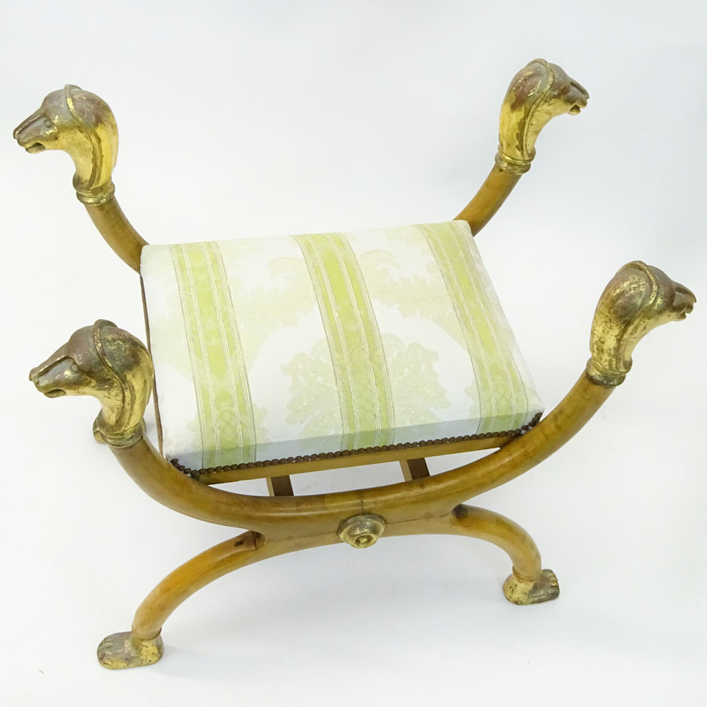 Vintage Carved Fruit-wood Parcel Gilt Figural Upholstered Bench With Animal Heads.