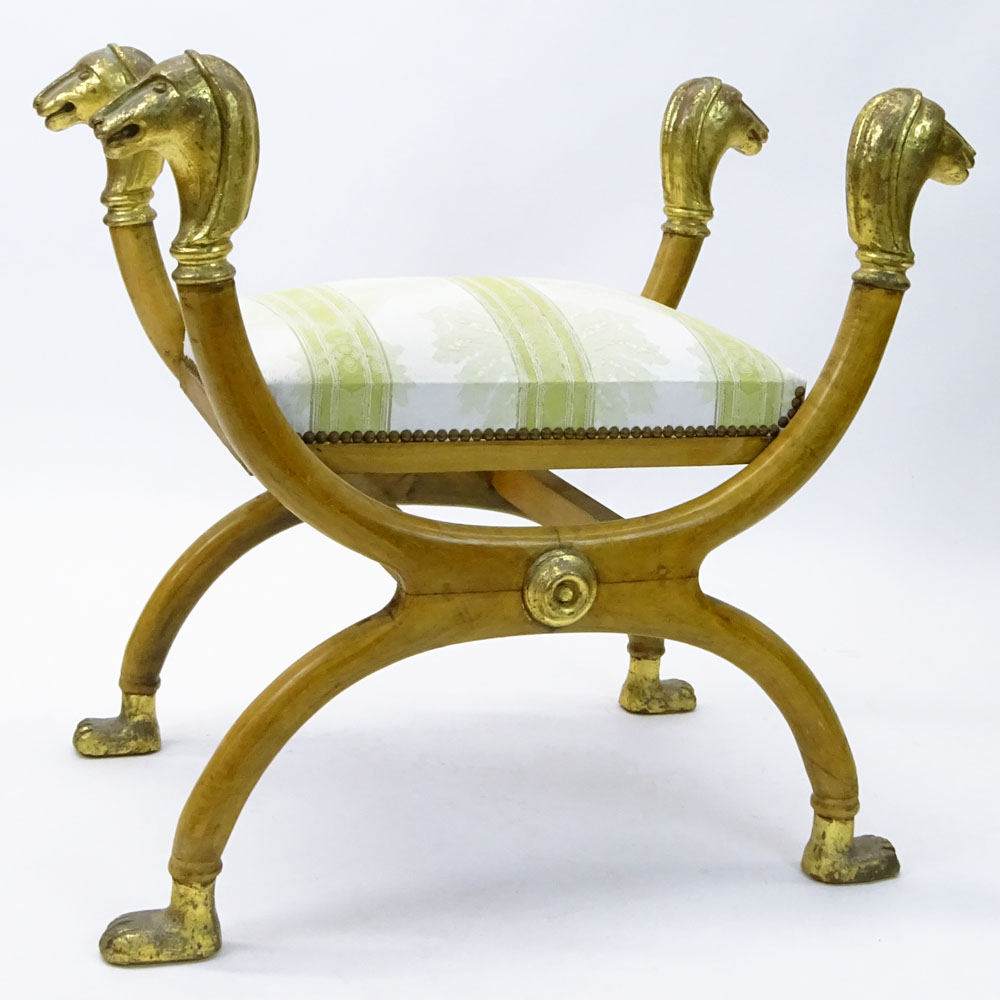 Vintage Carved Fruit-wood Parcel Gilt Figural Upholstered Bench With Animal Heads.