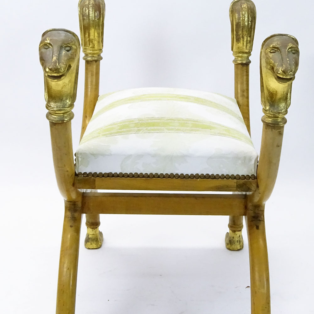 Vintage Carved Fruit-wood Parcel Gilt Figural Upholstered Bench With Animal Heads.