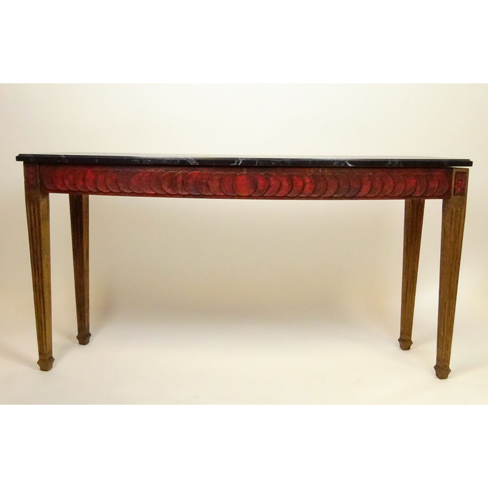 Mid-Century Italian Carved and Painted Wood Curved Console With Faux Marble Painted Stone Top.