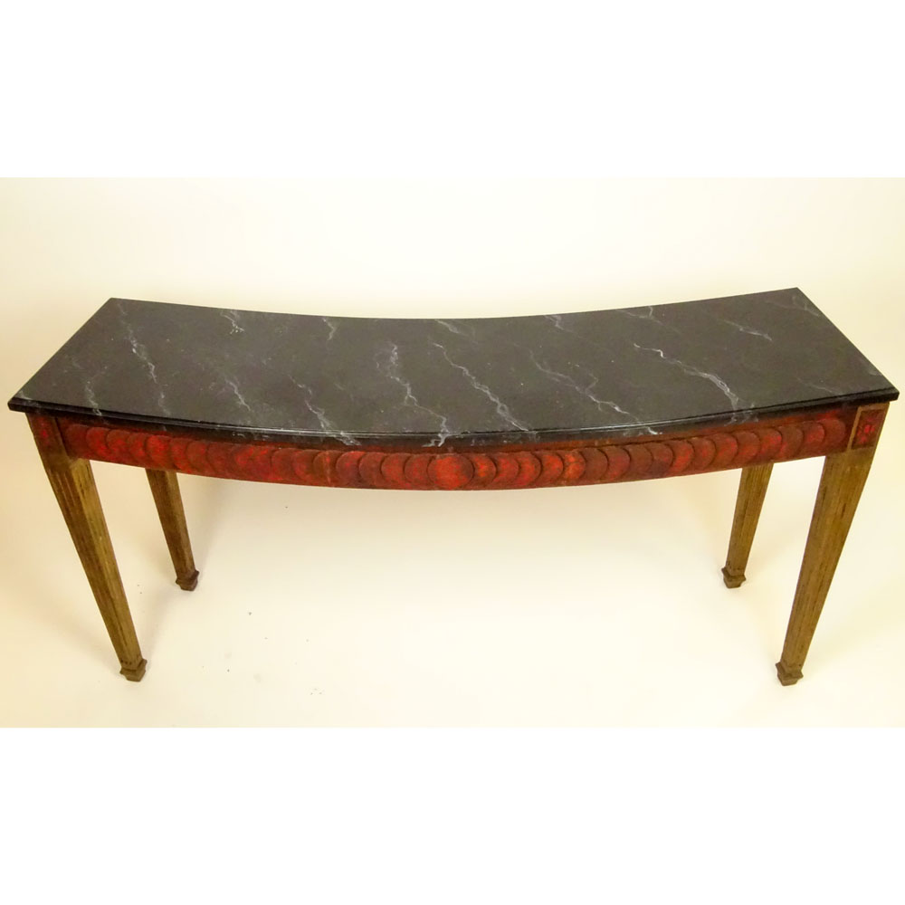 Mid-Century Italian Carved and Painted Wood Curved Console With Faux Marble Painted Stone Top.