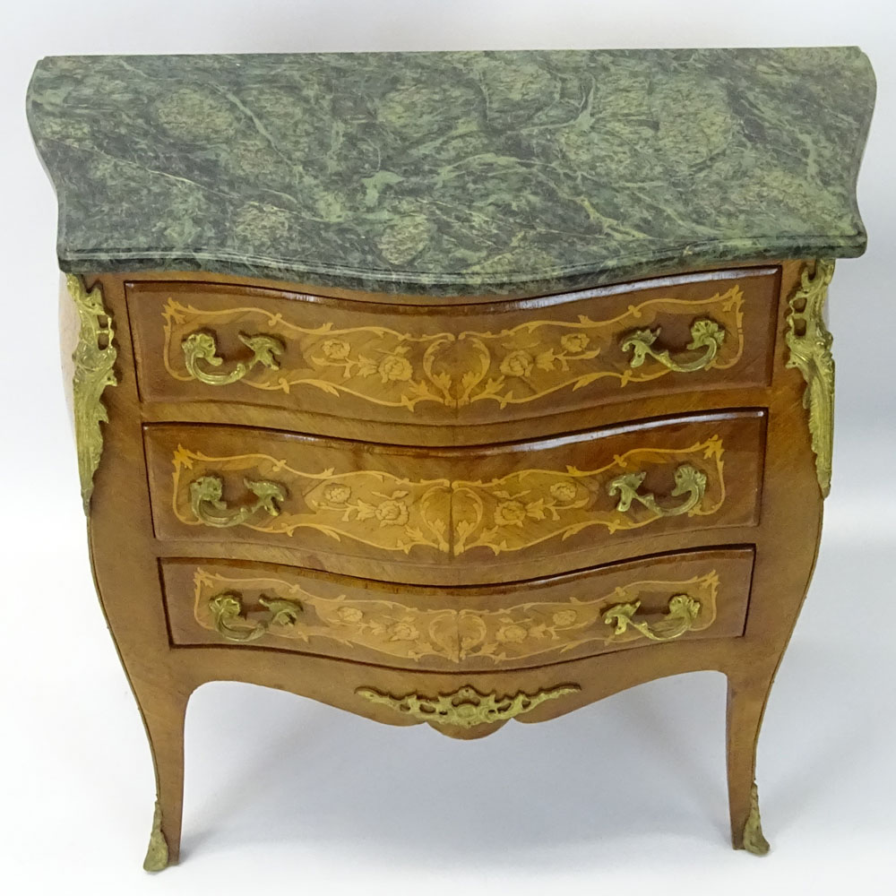 Lovely Marquetry 3 drawer commode with bronze mountings and green marble top.