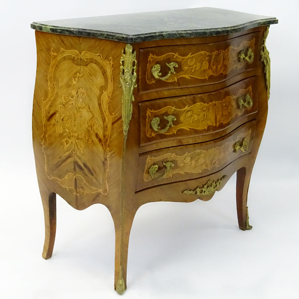 Lovely Marquetry 3 drawer commode with bronze mountings and green marble top.