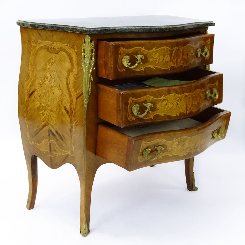 Lovely Marquetry 3 drawer commode with bronze mountings and green marble top.