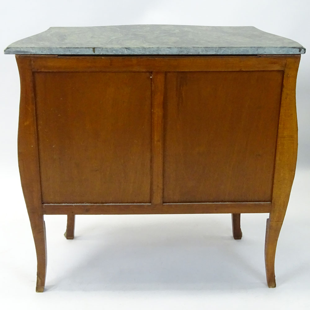 Lovely Marquetry 3 drawer commode with bronze mountings and green marble top.