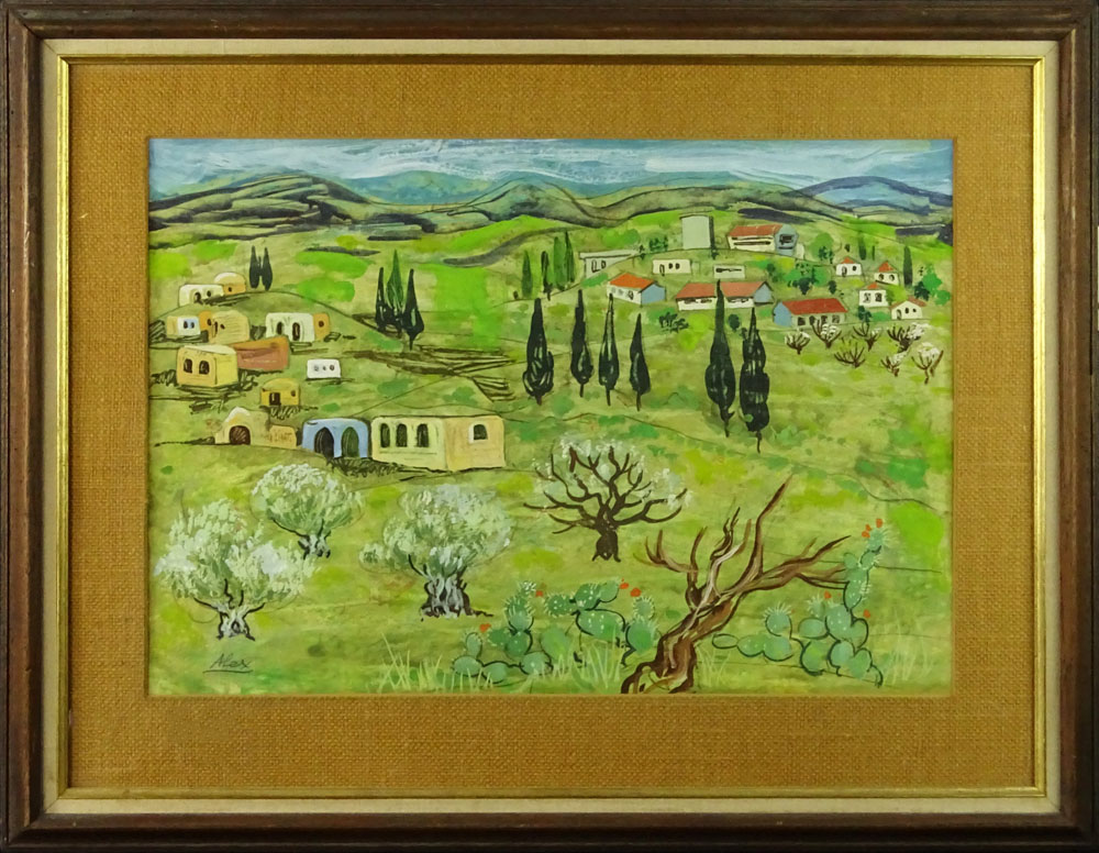 Mid-Century Gouache on paper "Landscape With Cottages