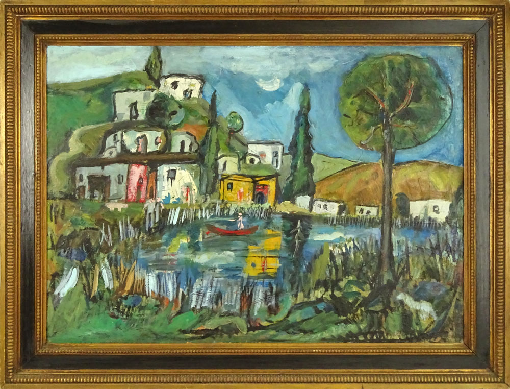 Modern Continental Oil Painting on Canvas. "Village With Pond" 