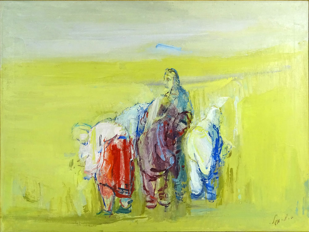 Modern Oil on Canvas "Nomads" Signed lower right (illegible) Craquelure. 