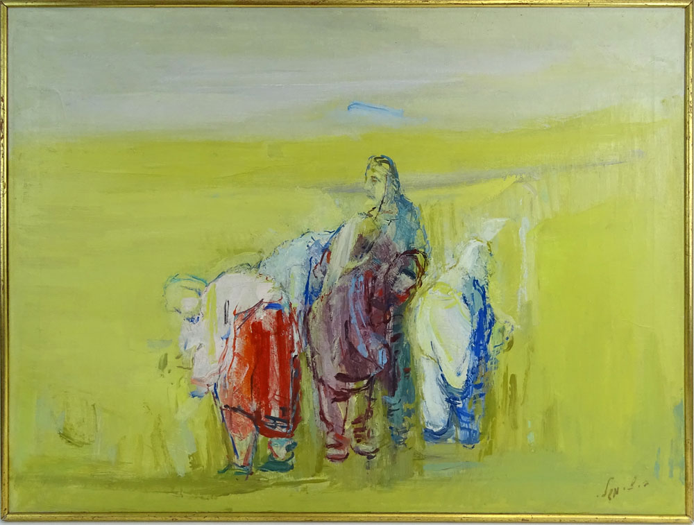 Modern Oil on Canvas "Nomads" Signed lower right (illegible) Craquelure. 