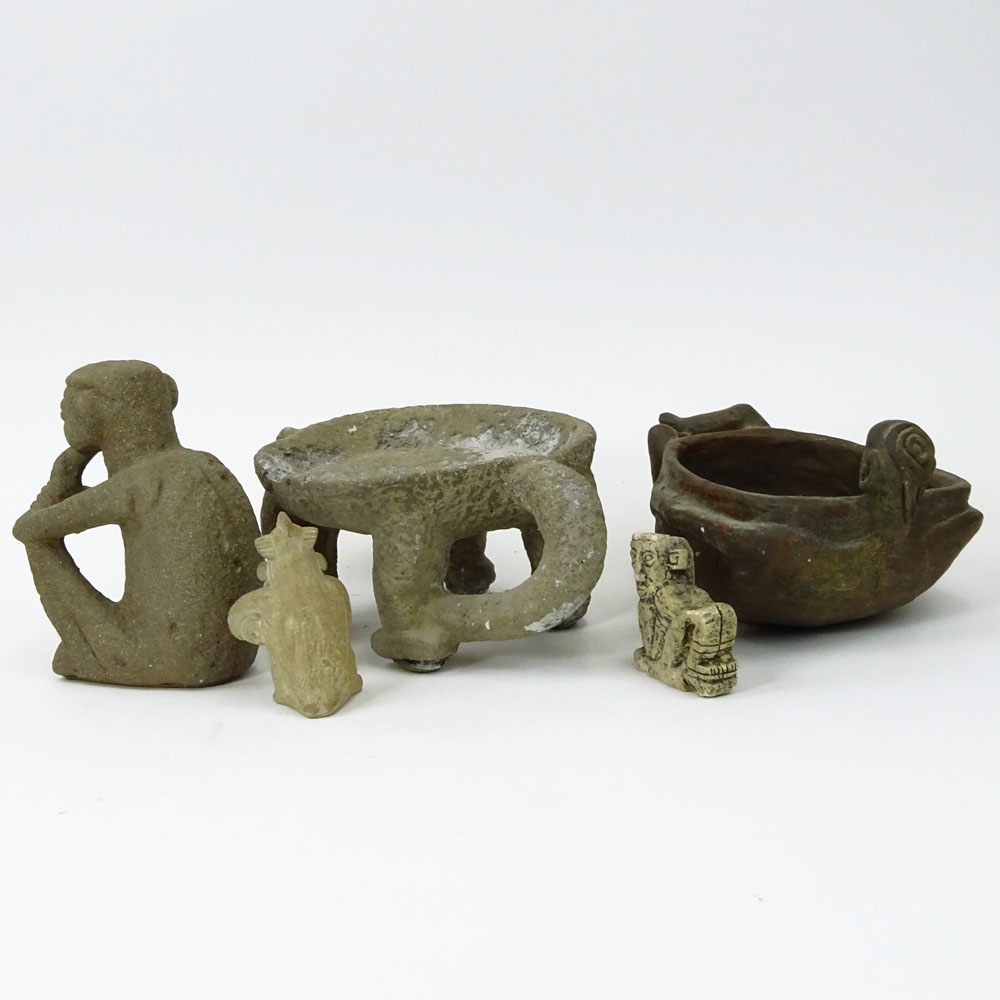 Lot of 5 Vintage Pre-Colombian Style Pottery Figures and Vessels.