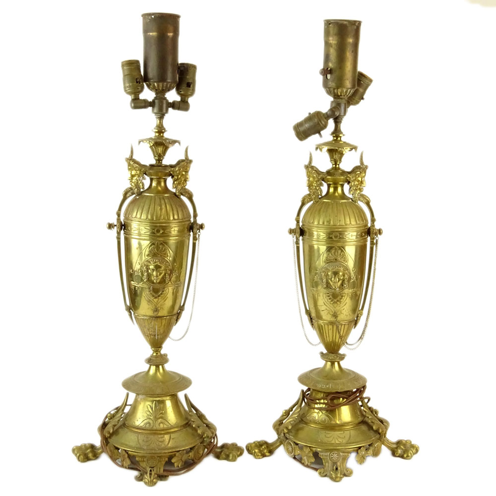 Pair of Antique Victorian French Figural Brass Lamps.