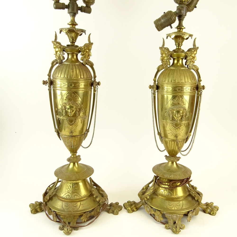 Pair of Antique Victorian French Figural Brass Lamps.