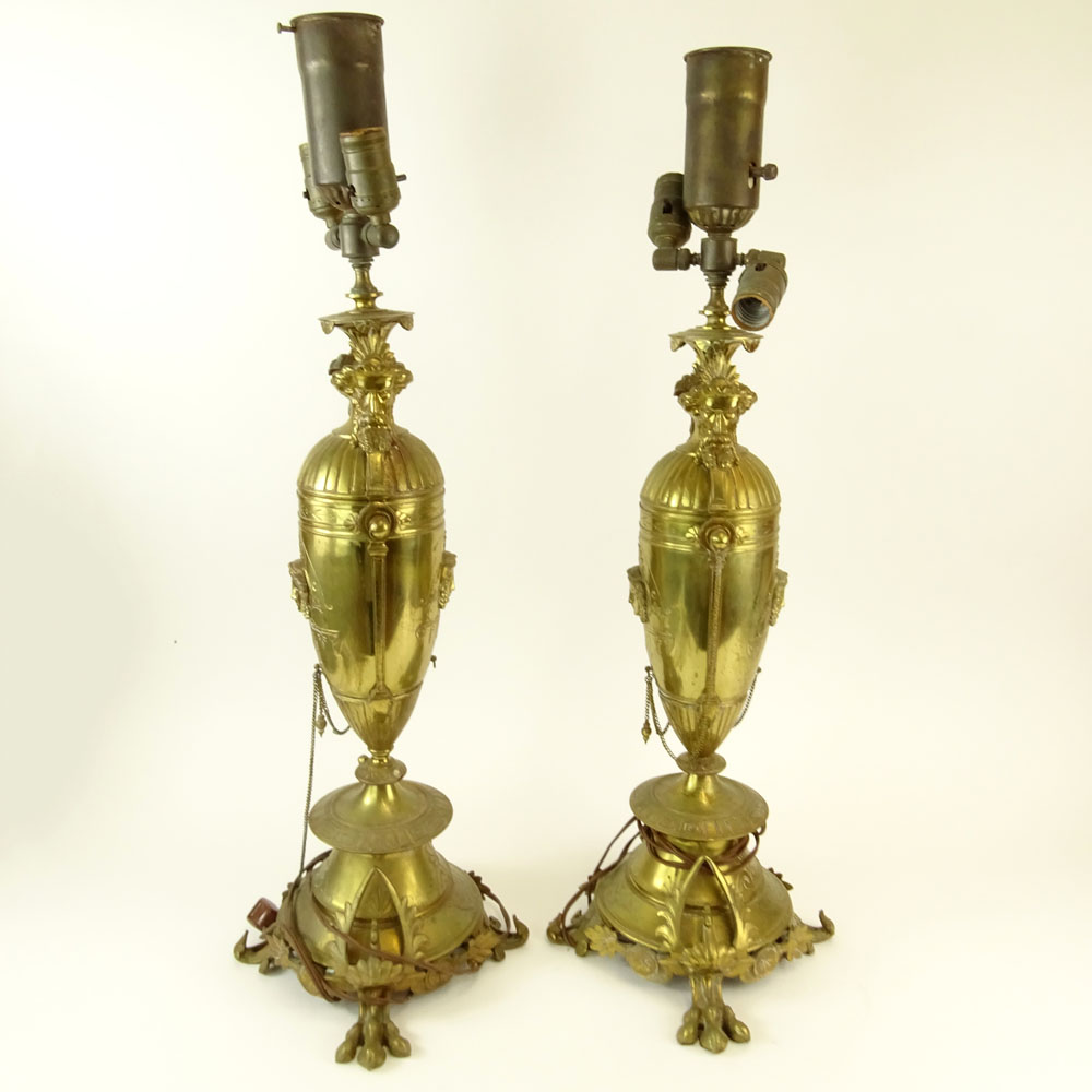 Pair of Antique Victorian French Figural Brass Lamps.