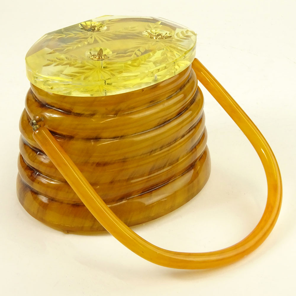 Vintage Honey Colored Beehive Lucite Purse with Brass Bees.