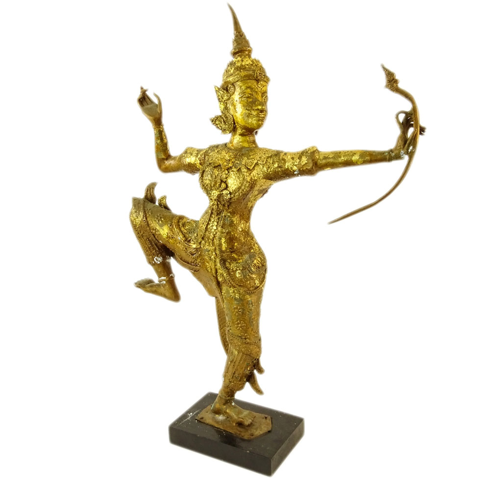 Vintage Gilt Metal Thai Dancer Figurine on Wood Base.